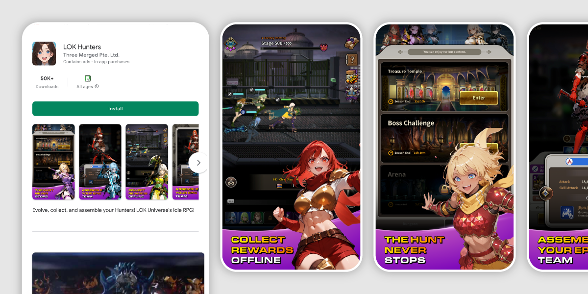 LOKH App Store and Google Play listing — game screenshots, install page, in-game UI